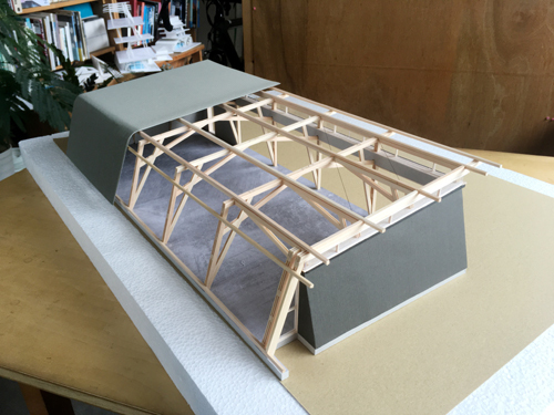 ハイサイドライトのある角田木造ガレージ実施構造模型1